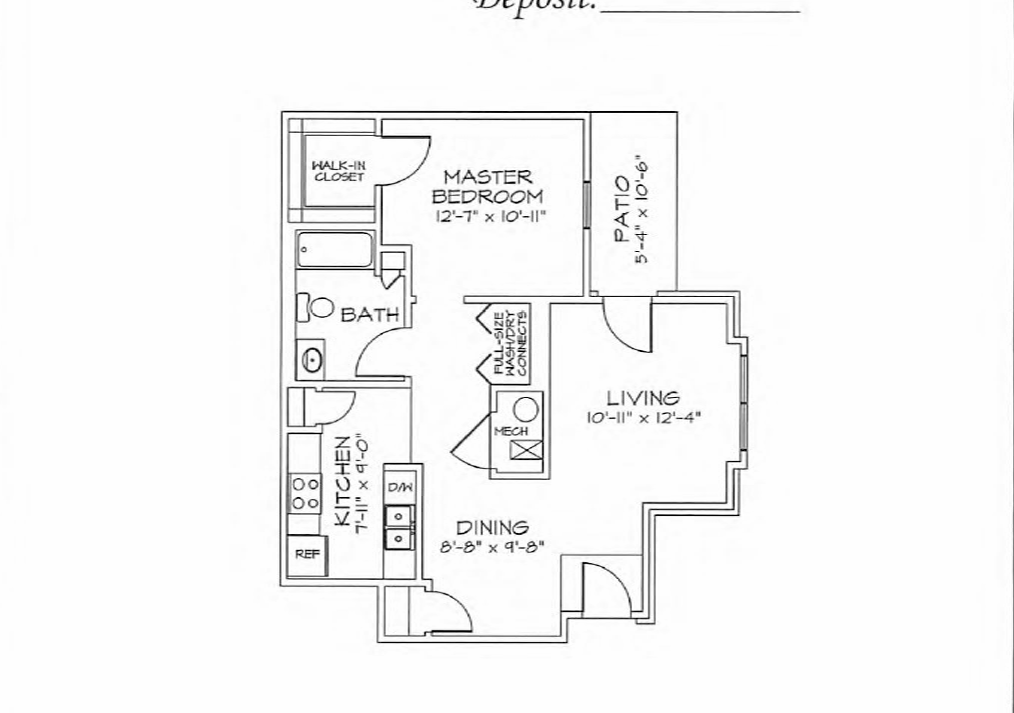 Floor plan for 1 bed, 1 bath, 763 sqft
